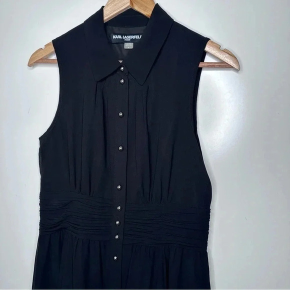 Karl Lagerfeld Paris NWOT Black Sleeveless Button-Up Ruched Waist Dress Size 8 - Picture 3 of 8
